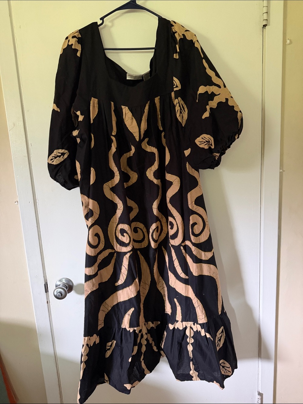 Bohemian Black Maxi Dress with Tan Leaf & Swirl Motif